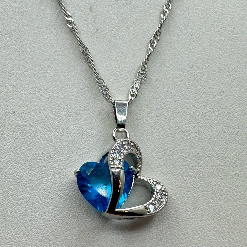 New Silver Plated Blue Heart CZ Pendant Necklace with Chain
